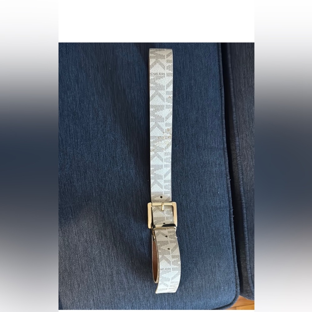 Michael Kors Men's Monogram Logo Belt in Light Beige with Gold Buckle